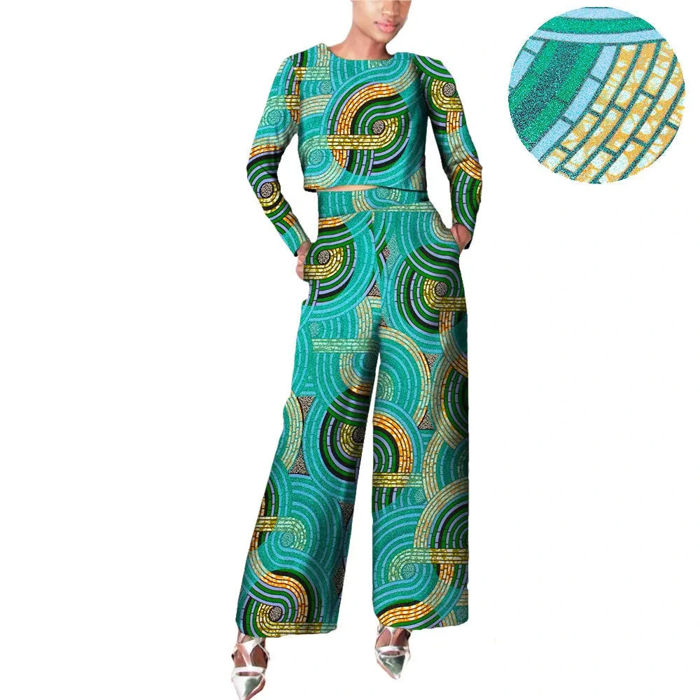 Damen Set aus gewachstem Baumwoll-Crop-Top mit langen Ärmeln und Hose mit weitem Bein