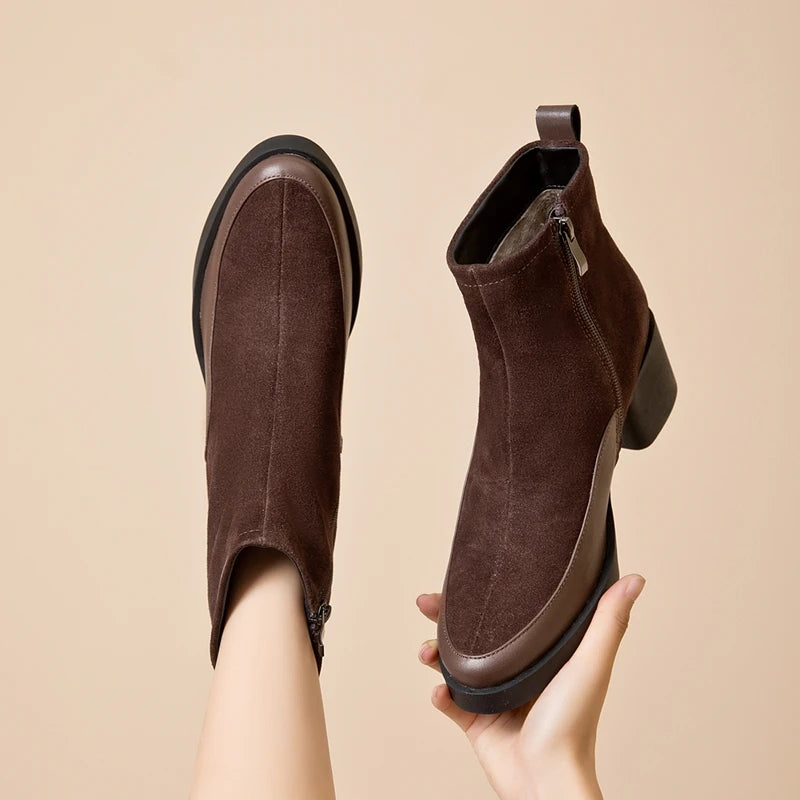 Women’s Genuine Leather Ankle Boots – Pointed Toe Chunky High Heel Boots