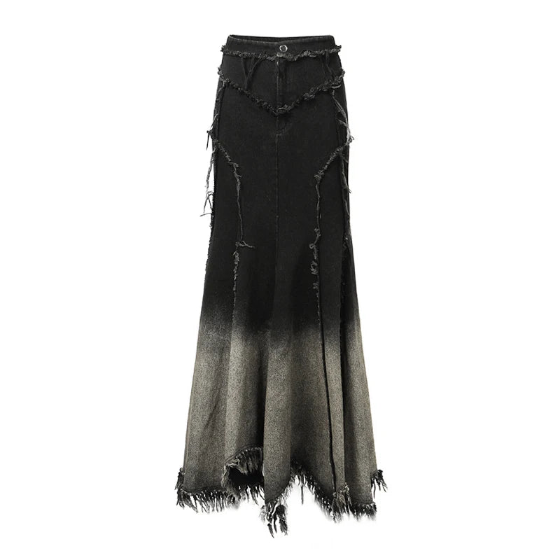 Damen Schwarzer Jeansrock mit Farbverlauf im Meerjungfrauen-Stil | Hochtaillierter Maxi-Jeansrock mit offener Kante