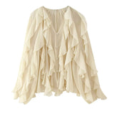Women’s Sexy Semi-Sheer Ruffle Blouse | V-Neck Long Sleeve Button-Down Shirt