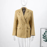 Women's Golden Sequin Blazer - Elegant V-Neck Double Breasted Evening Jacket, Slim Fit Formal Party Outerwear