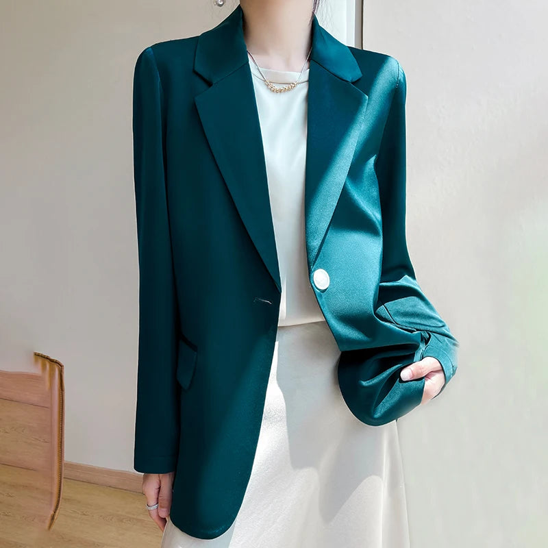 Korean Fashion V-Neck Loose Top Blazer: Single Button Silk Satin Suit Jacket
