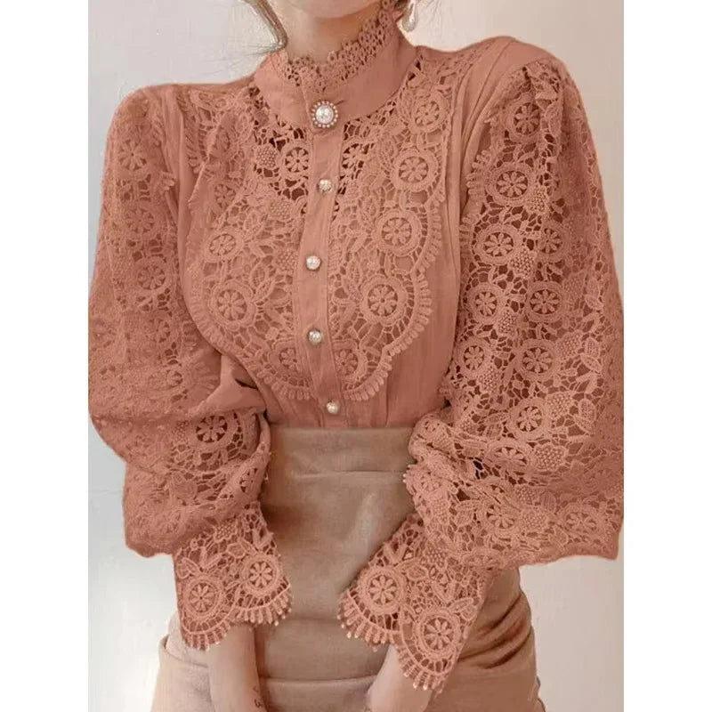Women’s High Neck Long Sleeve Lace Blouse | Elegant Hollow Paneled Sleeve Top