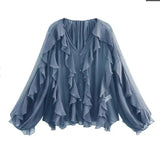 Women’s Elegant V-Neck Blouse – Single-Breasted Long Sleeve Shirt