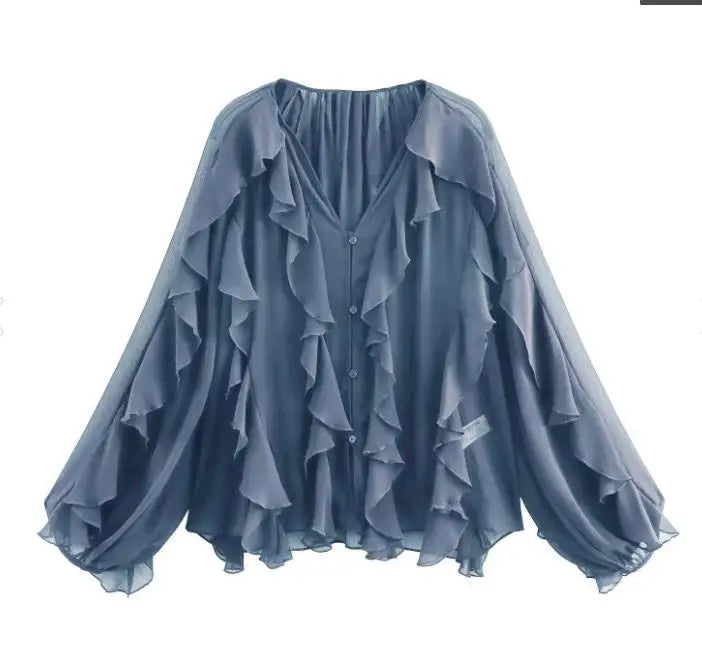 Women’s Elegant V-Neck Blouse – Single-Breasted Long Sleeve Shirt