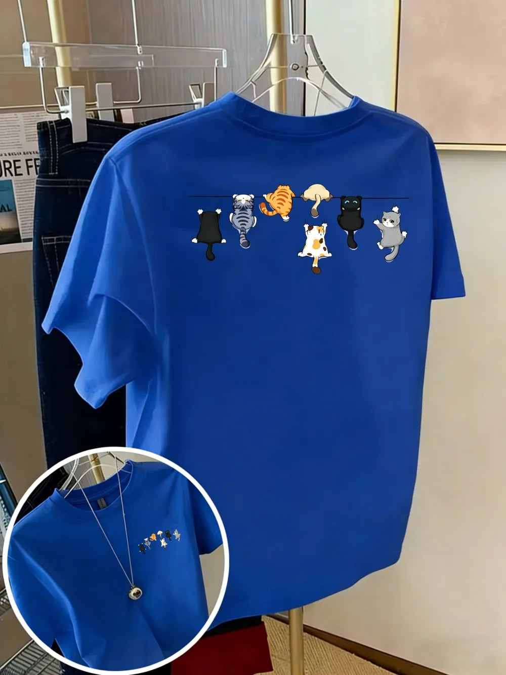 Women's Oversized Cotton Cartoon Cat Print T-Shirt