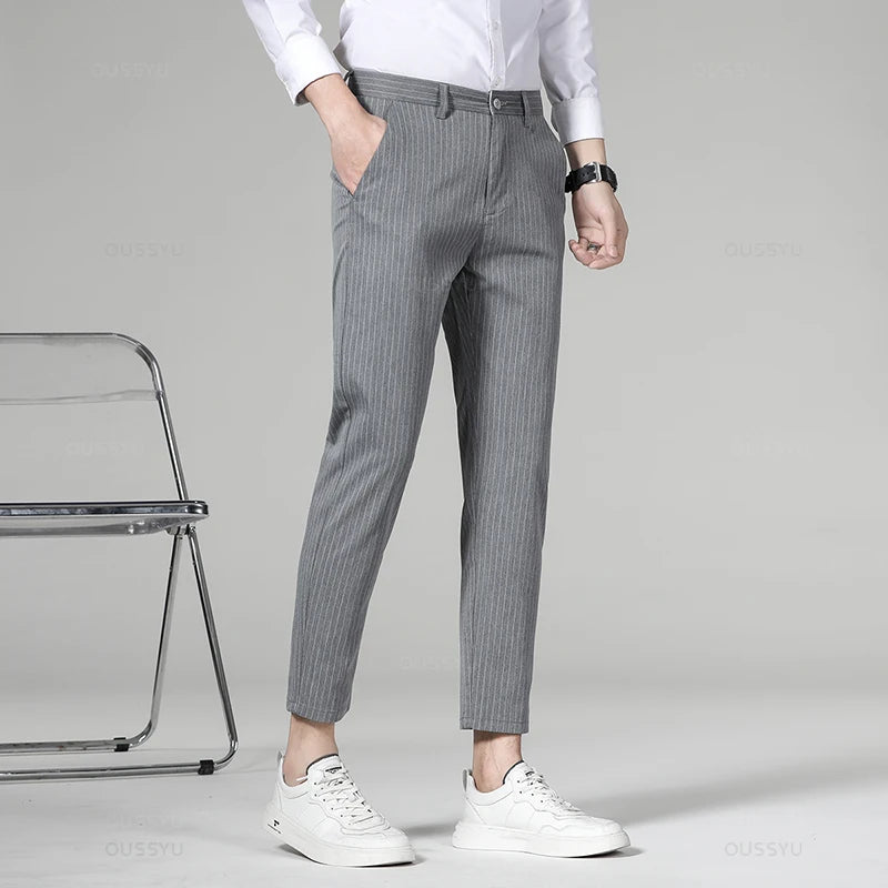 Men’s High-Quality Plaid & Stripe Trousers – Business Formal Suit Pants, Ankle & Full Length Straight Slacks