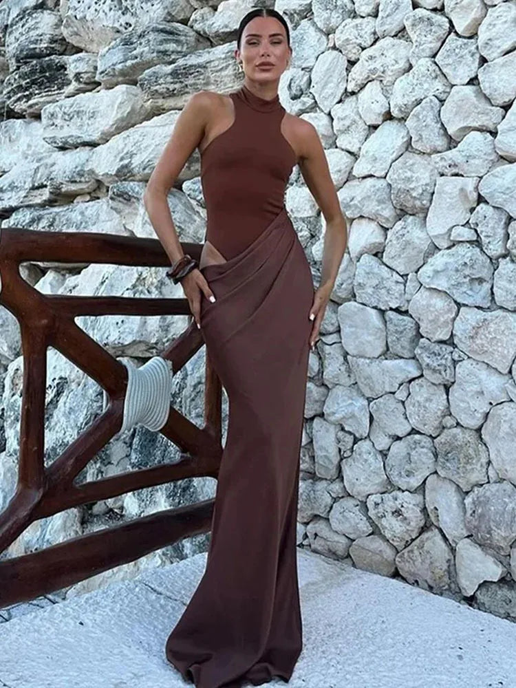 Damen Sexy Satin-Maxikleid mit Cut-Outs – Tailliertes Partykleid mit hoher Taille