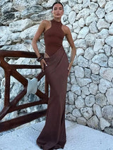 Damen Sexy Satin-Maxikleid mit Cut-Outs – Tailliertes Partykleid mit hoher Taille