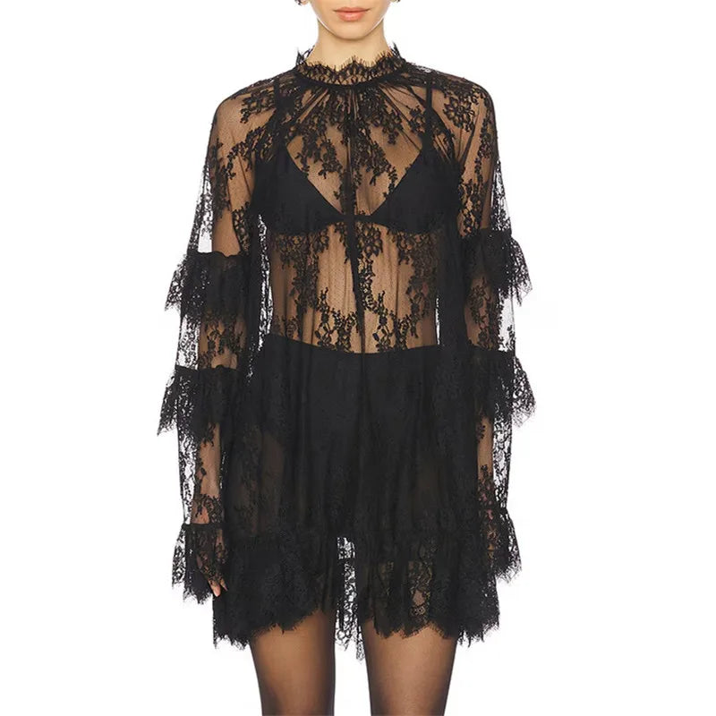 Damen sexy Spitzen-Netzkleid – florales, durchsichtiges Minikleid mit hohem Kragen