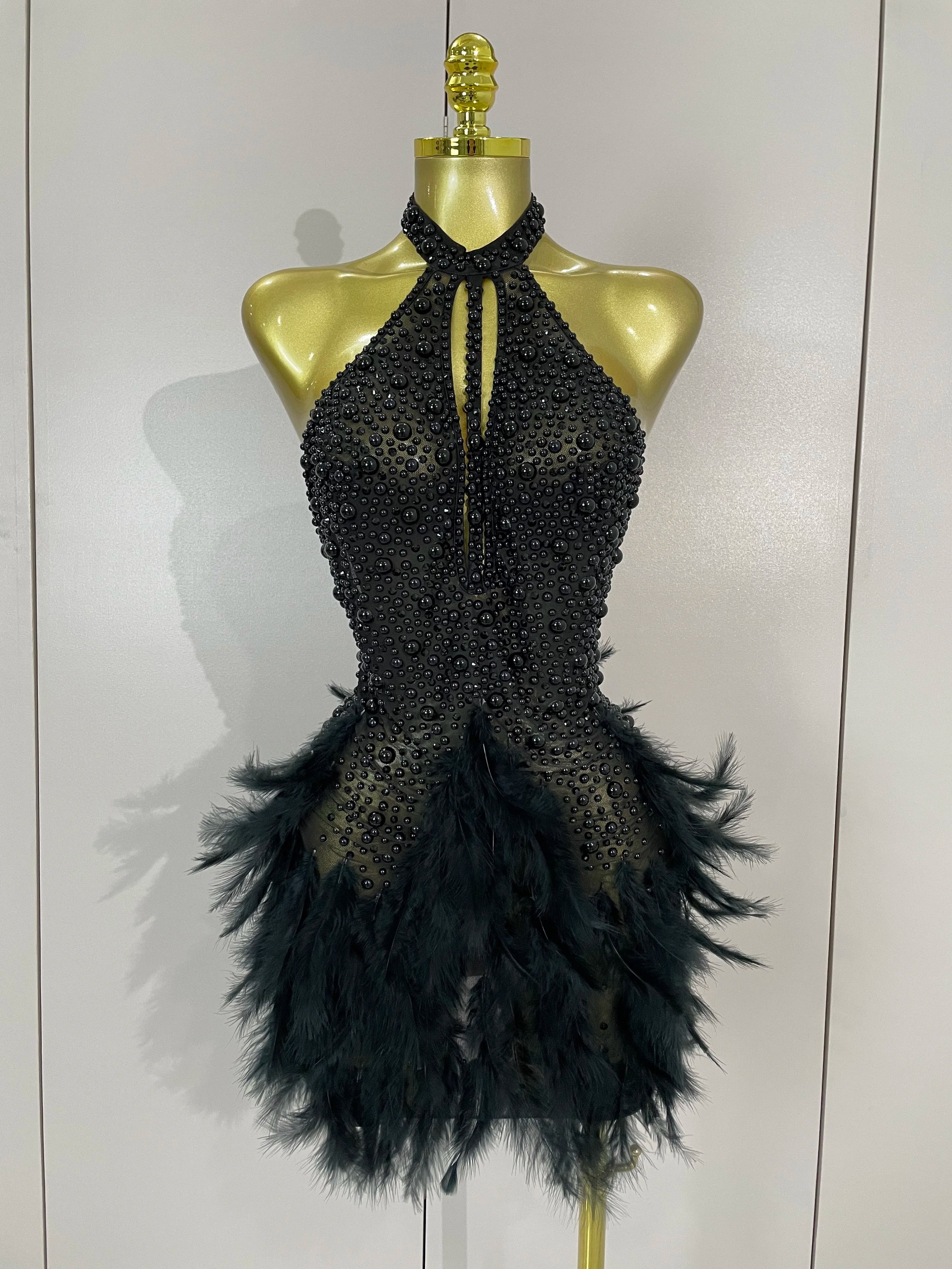 Luxury Women’s Rhinestone & Pearl Mini Dress – Sexy Feather Halter Backless Gown