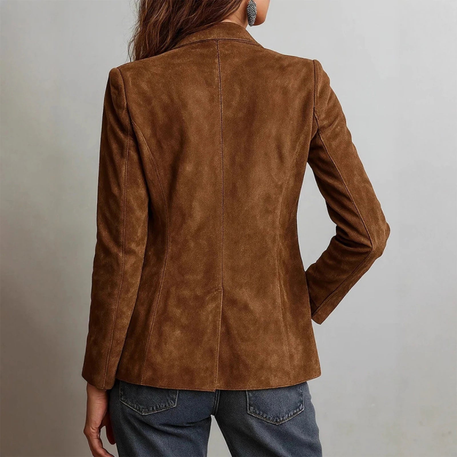 Women's Retro Suede Blazer Single-Breasted Spring/Autumn Fashion Jacket, Casual Versatile Lightweight Outerwear