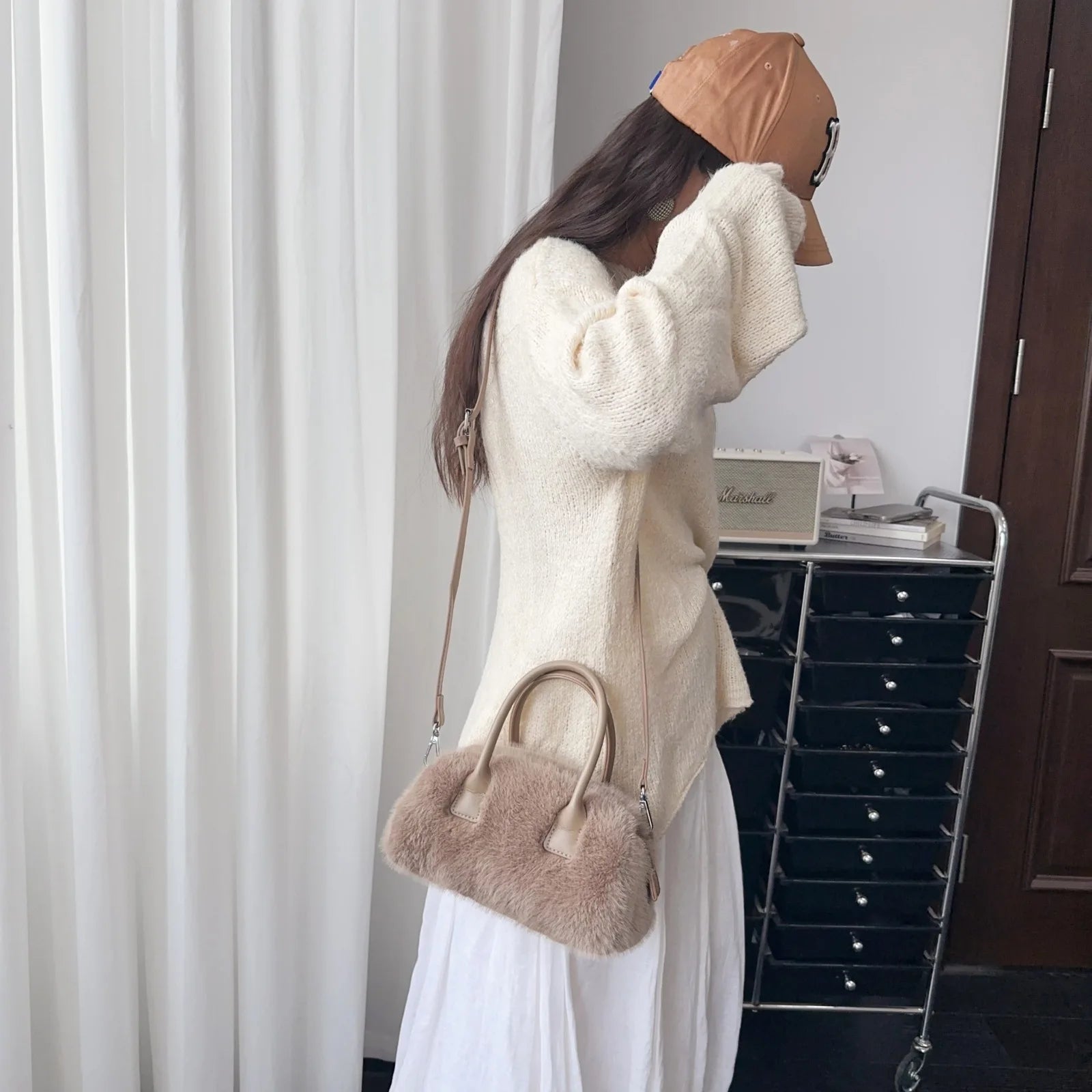 Women’s Faux Fur Small Box Tote – Luxury Plush Crossbody Bag
