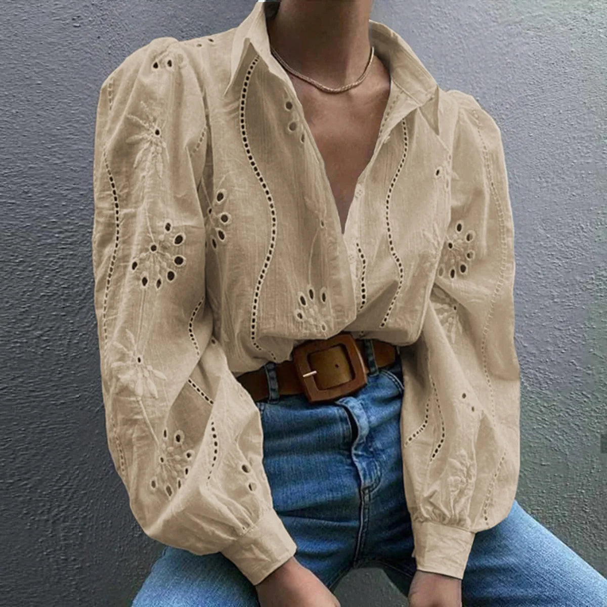 Women’s Hollow-Out Puff Sleeve Blouse – Casual Loose Solid Shirt
