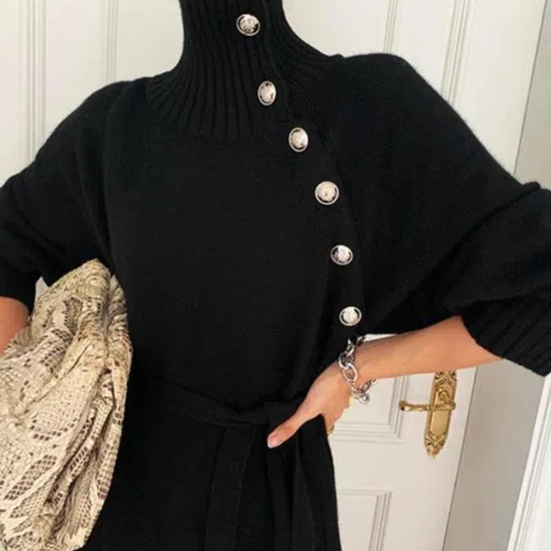 Women’s Vintage Turtleneck Knitted Dress – Long Sleeve Button Bandage Midi Dress