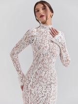 Elegant White Lace Long Sleeve Midi Dress – Women’s Half High Collar Bodycon