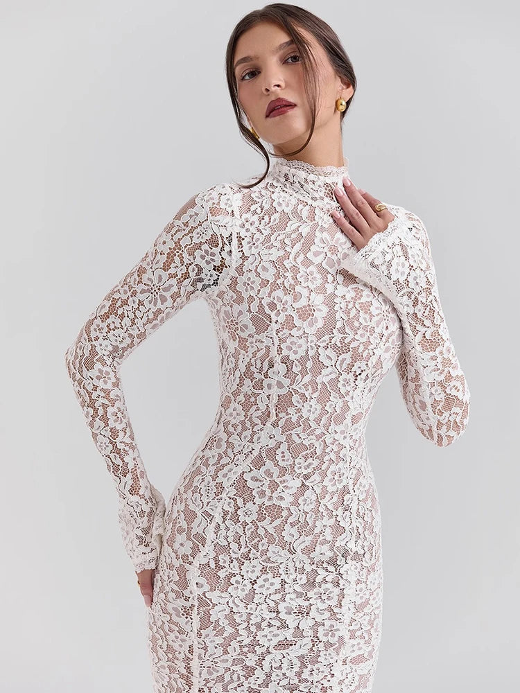 Elegant White Lace Long Sleeve Midi Dress – Women’s Half High Collar Bodycon