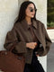 Women’s Brown Zipper Woolen Jacket – Elegant Lapel Long Sleeve Short Coat