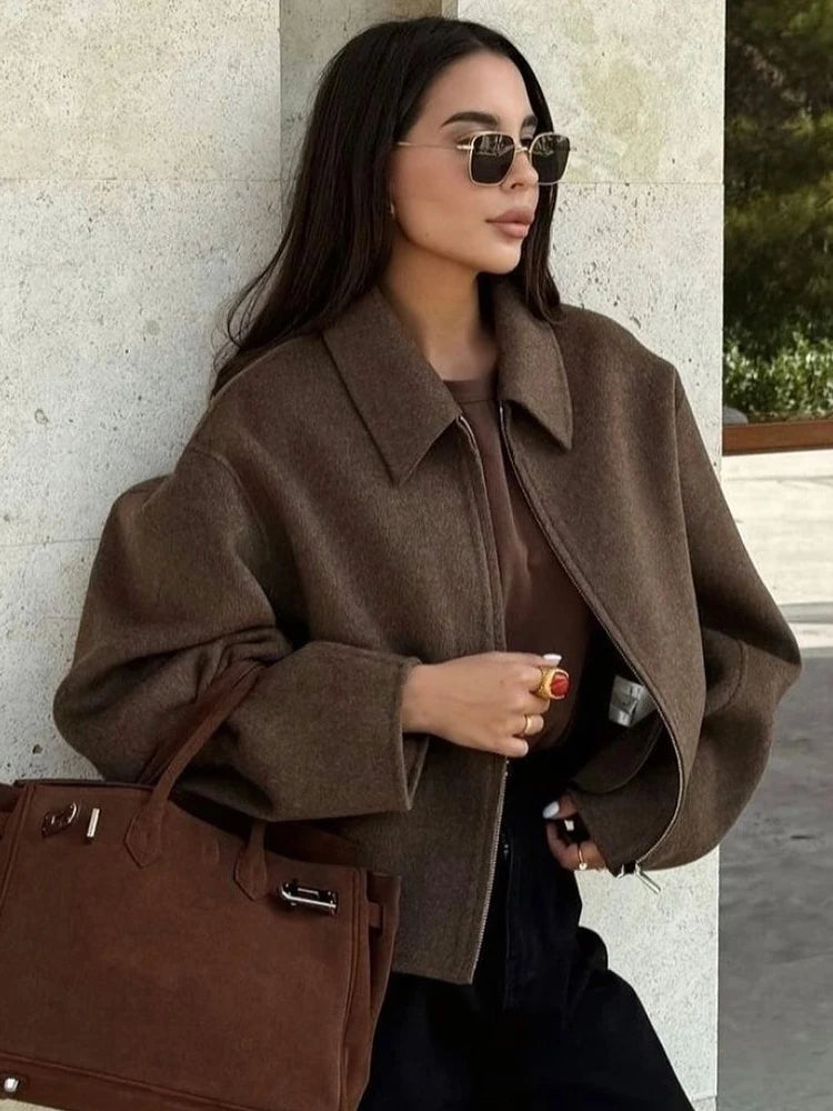 Women’s Brown Zipper Woolen Jacket – Elegant Lapel Long Sleeve Short Coat