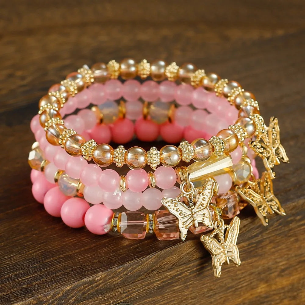4pcs Bohemian Charm Bracelet Set for Women – Exquisite Crystal Butterfly Bracelet
