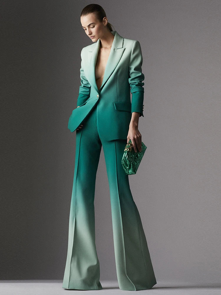 Damen Blazer mit einem Knopfleiste, Ombré-Print & schmal geschnittener Schlaghose