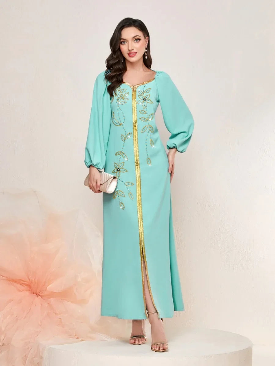 Muslim Dress Caftan with Embroidery – Lantern Sleeve Bandage Dress