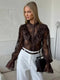 Lace Ruffled Printed Shirt for Women – See-Through Patchwork Long Sleeve Top