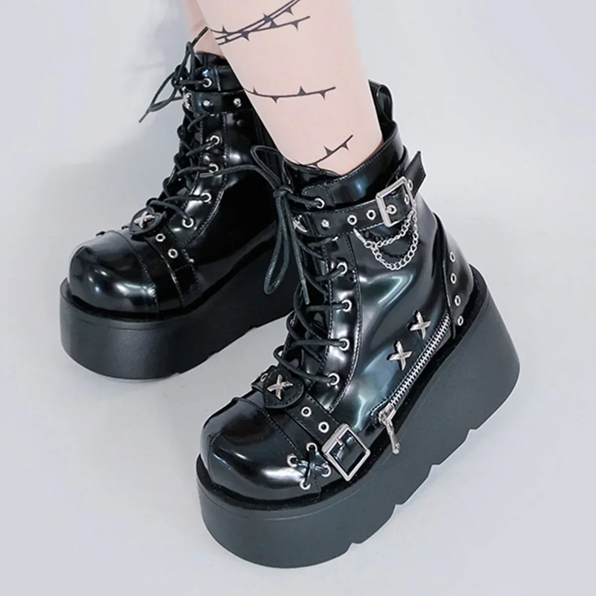 Women’s Waterproof Wedge Gothic Vampire Platform Mid-Calf Boots