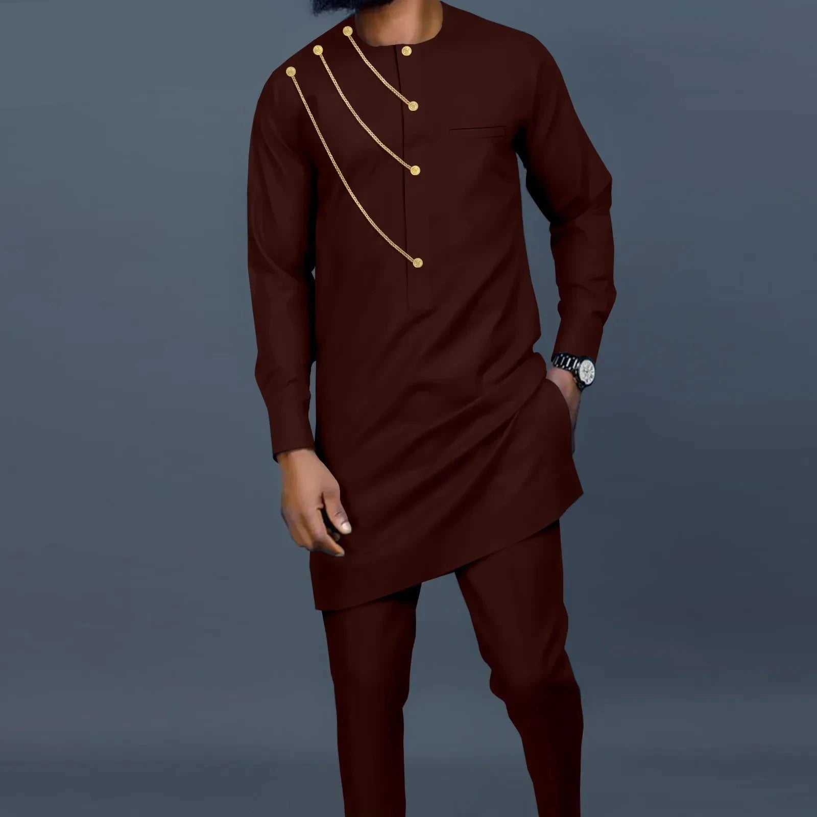 African Single Breasted Shirt with Chain Detail and Pants Men’s 2-Piece Bazin Riche Set