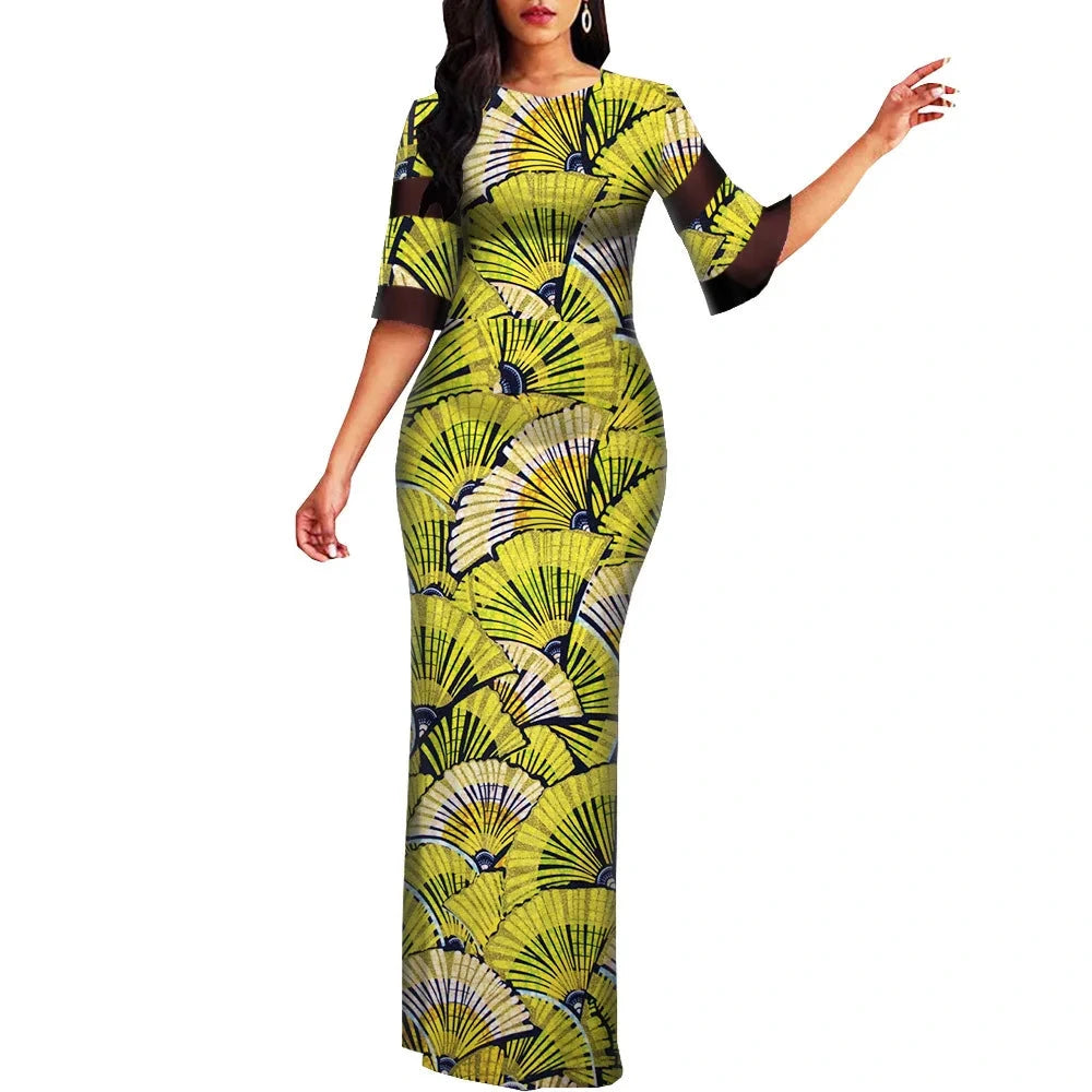 Damen Maxi Bodycon-Kleid mit halbem Ärmel und afrikanischem Dashiki-Print