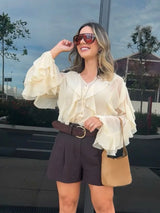 Women’s Elegant V-Neck Blouse – Single-Breasted Long Sleeve Shirt