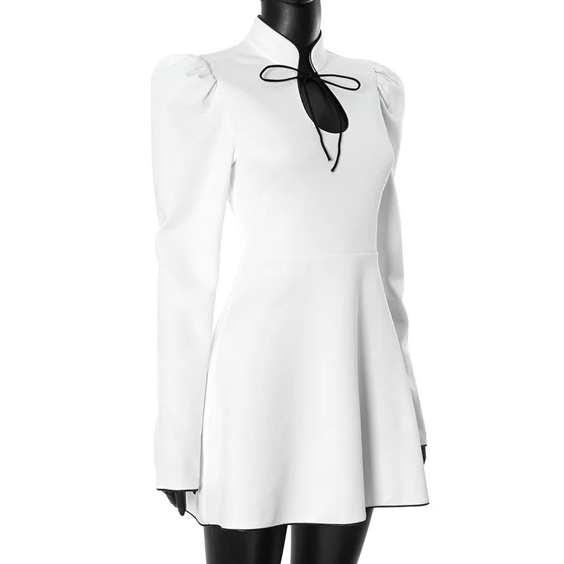 Elegantes Damen-Minikleid mit Schnürung – Retro-Kleid mit Stehkragen und langen Ärmeln, sexy schmales A-Linien-Partykleid