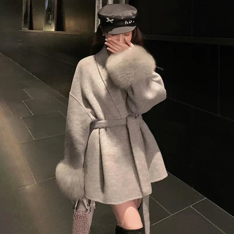 Luxuriöser Fuchsfell-Woll-Wintermantel für Damen – Eleganter doppelseitiger Wollmantel für Frauen,