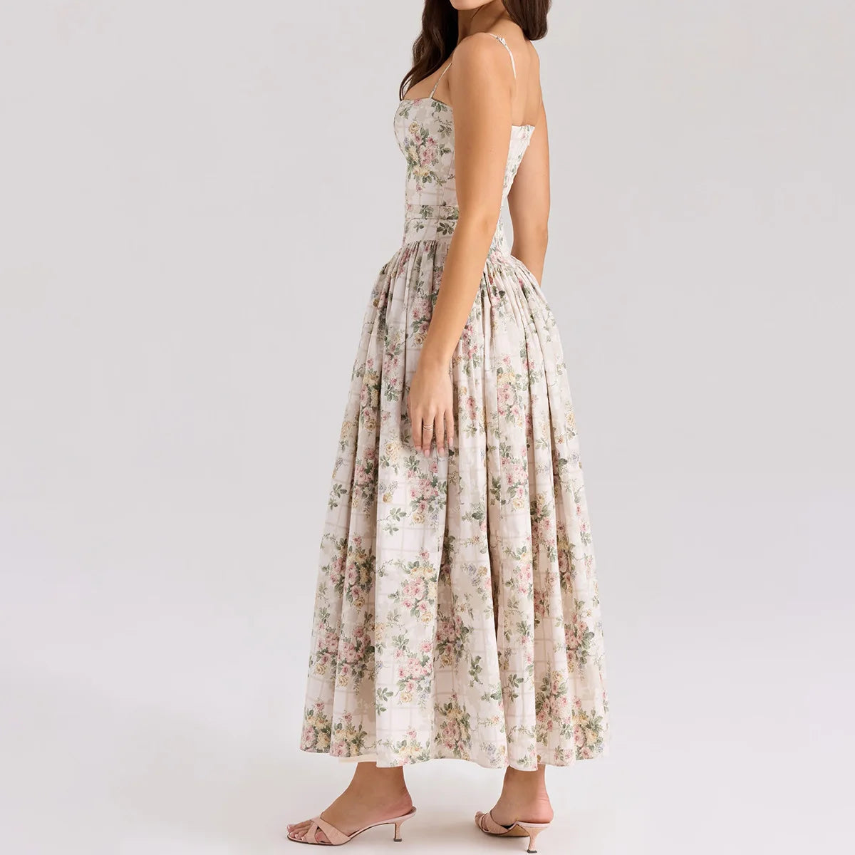 Women's Elegant Beige Floral Print Midi Dress