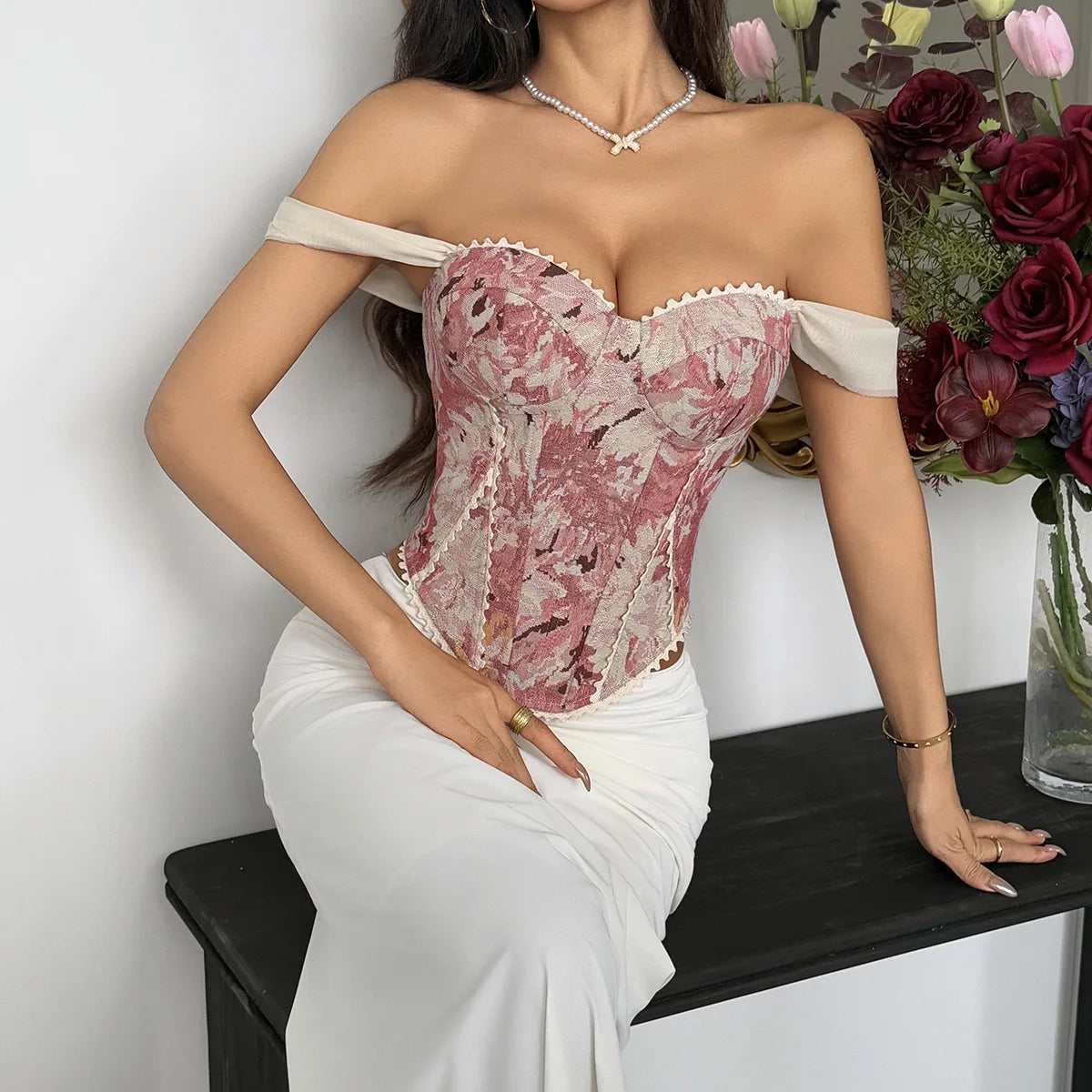 Damen Royal Style Korsett-Top mit Blumendruck | Sexy Kreuz-Bandage-Bustier