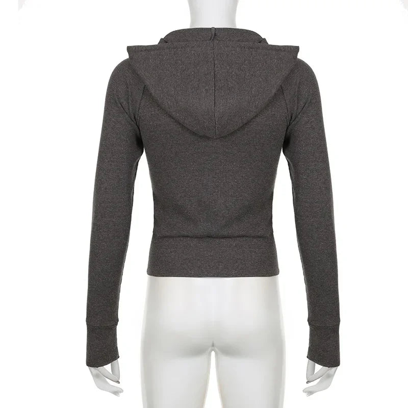 Grunge 2000er Ripp-Kapuzenpullover mit Reißverschluss | Y2K Vintage Kapuzen-Sweatshirt für Damen