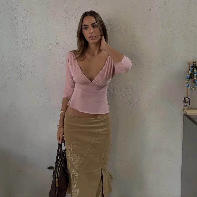 Elegantes rückenfreies Patchwork-Oberteil – Damen V-Ausschnitt Slim T-Shirt für den Sommer
