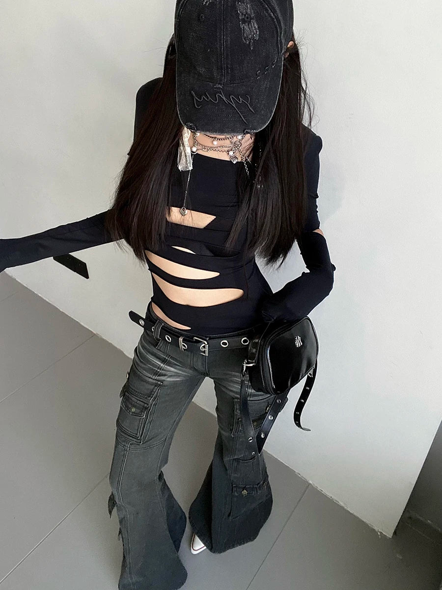 Acubi Fashion Black Flare Jeans for Women | Retro Whiskers Low-Rise Cargo Pants