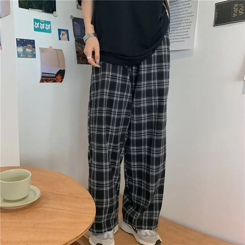Unisex Schwarze Karierte Hose – Harajuku Hip-Hop Gerade Hose für Herren & Damen