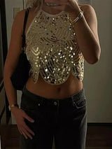 Women’s Sexy Halter Sequin Tank Top – Backless Tie-Up Sparkly Crop Top