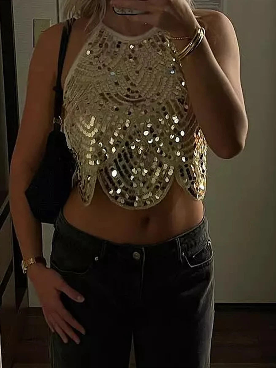 Women’s Sexy Halter Sequin Tank Top – Backless Tie-Up Sparkly Crop Top