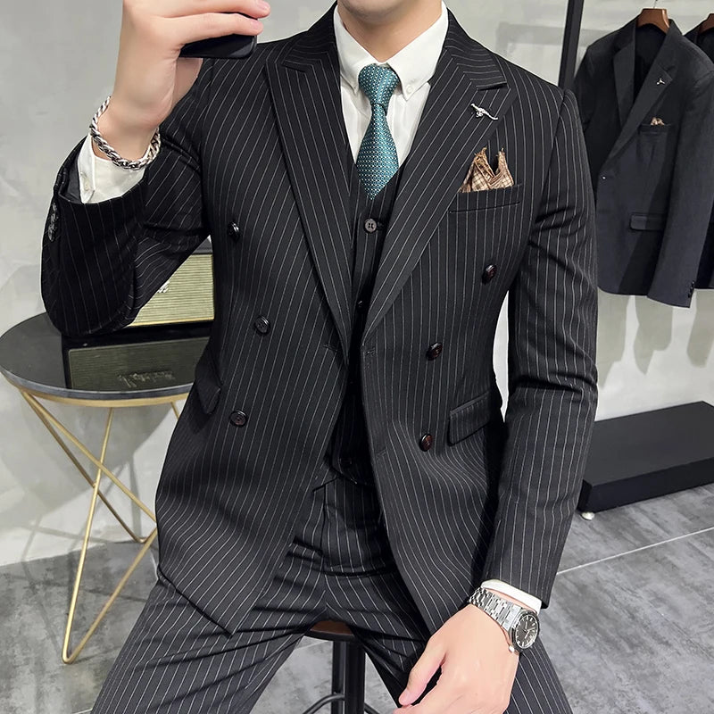 3-Piece Men’s Luxury Striped Suit – Single & Double Breasted Pinstripe Blazer, Vest & Pants Set