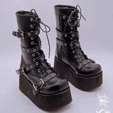 Women’s Punk Wedge Lace-Up Gothic Cross-Tied Platform Mid-Boots