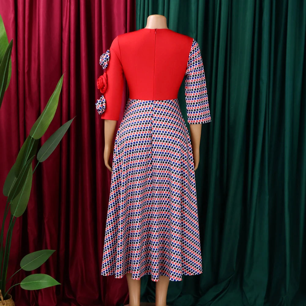 Elegantes Damen-A-Linien-Kleid mit 3D-Blumen – Herbstmode, afrikanisches Abendkleid mit Karomuster