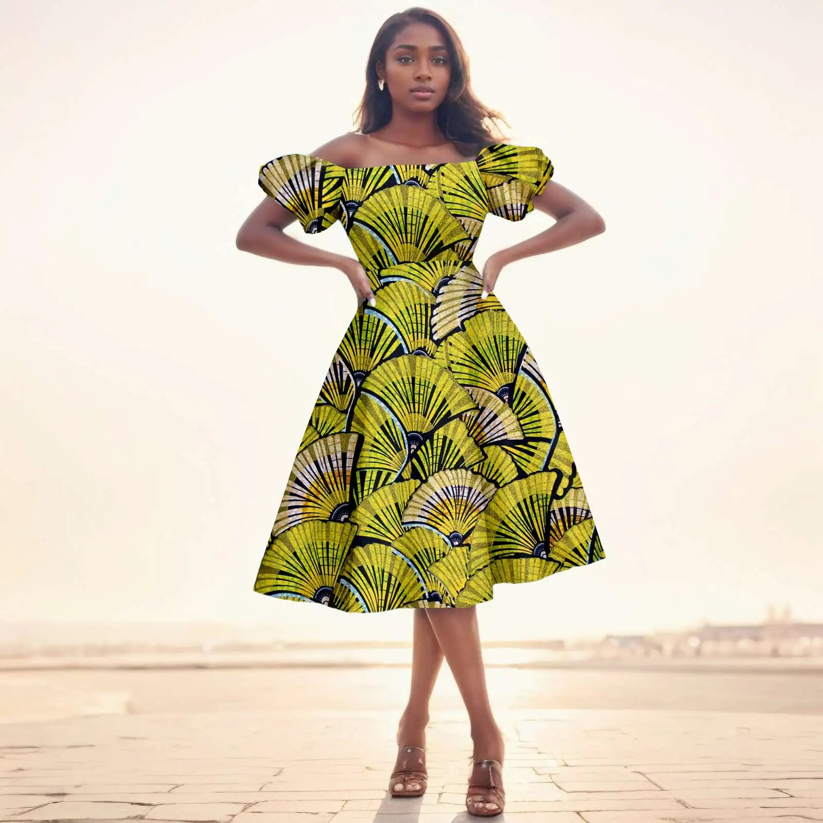 Afrikanisches Ankara-Print Midikleid für Damen | Kurzärmliges Kleid mit hoher Taille