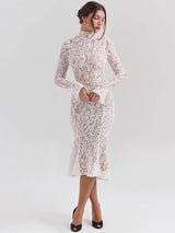 Elegant White Lace Long Sleeve Midi Dress – Women’s Half High Collar Bodycon