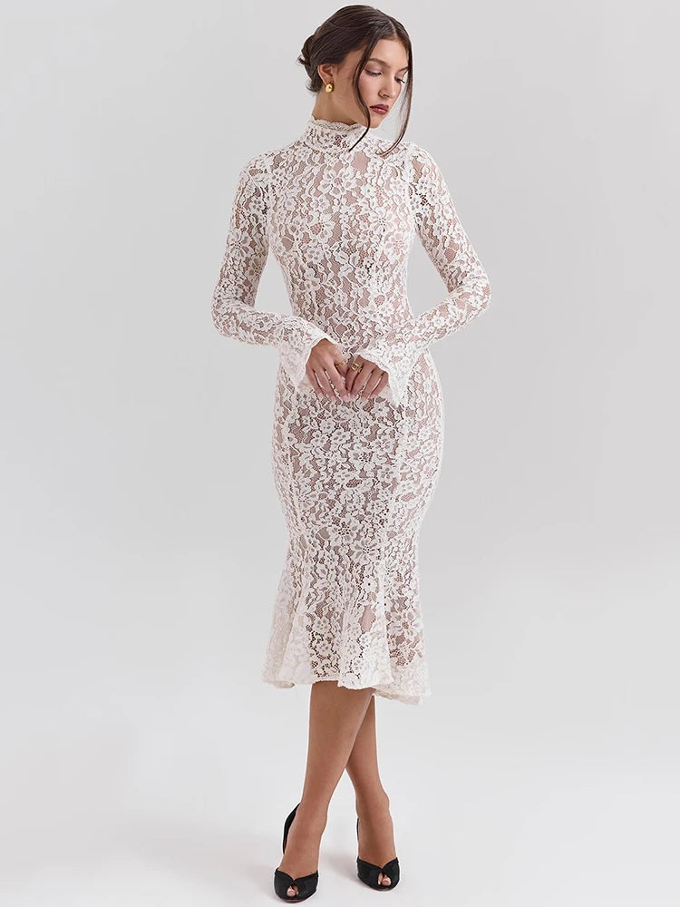 Elegant White Lace Long Sleeve Midi Dress – Women’s Half High Collar Bodycon