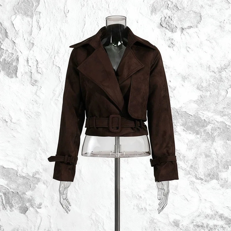 Vintage Wildlederjacke für Damen – Herbstmode Schnür-Mantel Schmale Passform