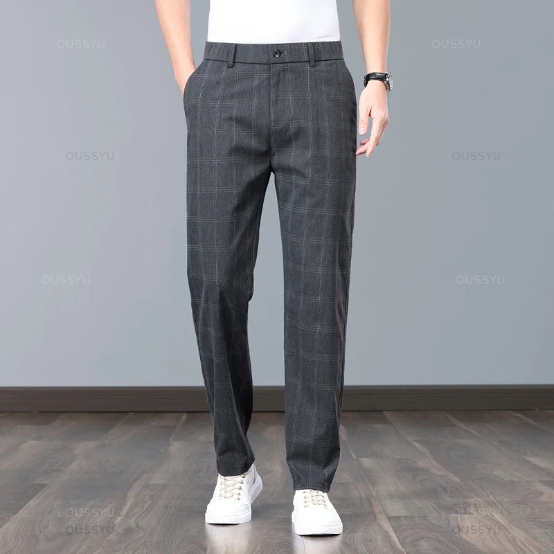 Klassische Herren-Arbeitshose mit Karomuster – Slim Fit Stretch-Businesshose