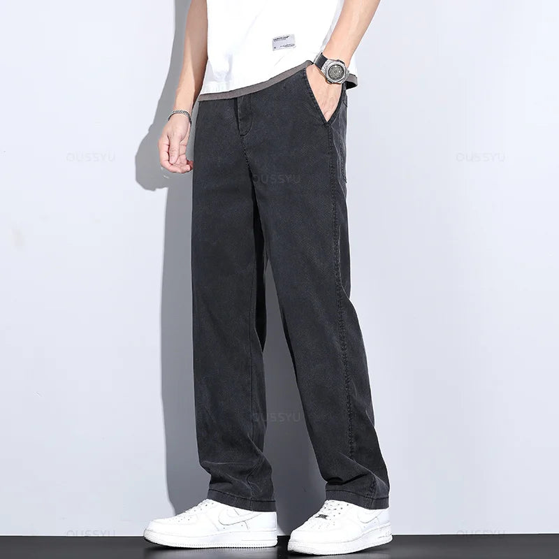 Men’s Soft Lyocell Summer Jeans – Elastic Waist Loose Straight Denim